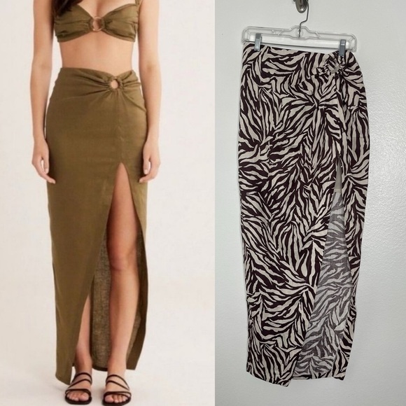 Rumer The Label Cyrus Brown Zebra Print Slit 100% Linen Maxi Skirt Medium New - Picture 1 of 8